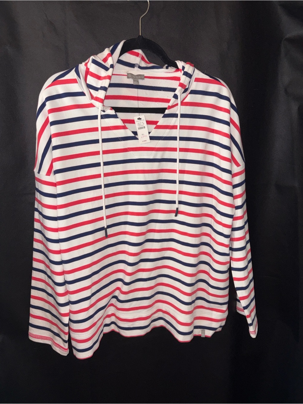 T by Talbots Striped French Terry Pullover Hoodie XL Red White Navy Nautical NWT